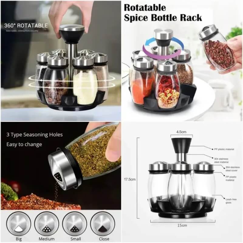 Rotating 6 bottles spice rack glass material