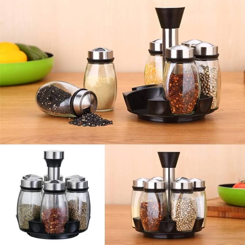 Rotating 6 bottles spice rack glass material