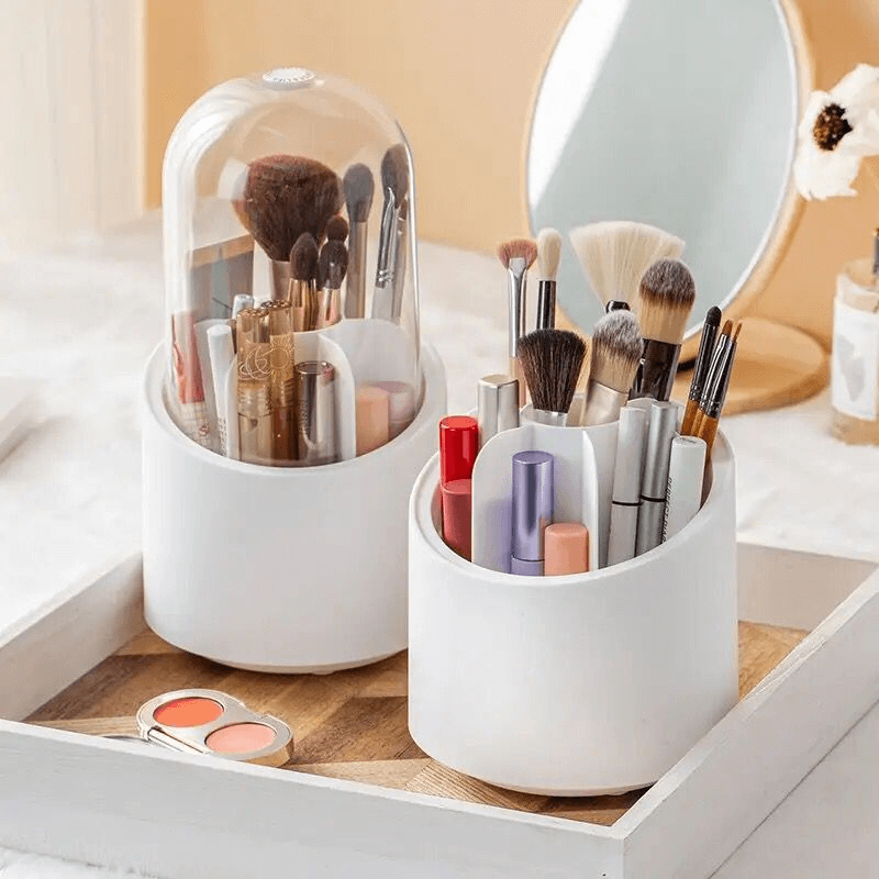 Rotating makeup brush holder with lid