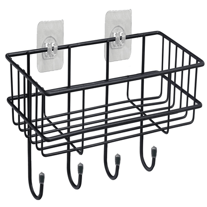 Self-adhesive multipurpose bathroom shelf with hooks