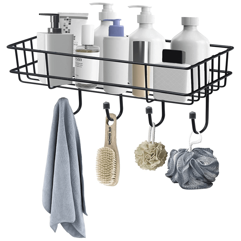 Self-adhesive multipurpose bathroom shelf with hooks