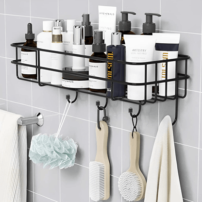 Self-adhesive multipurpose bathroom shelf with hooks