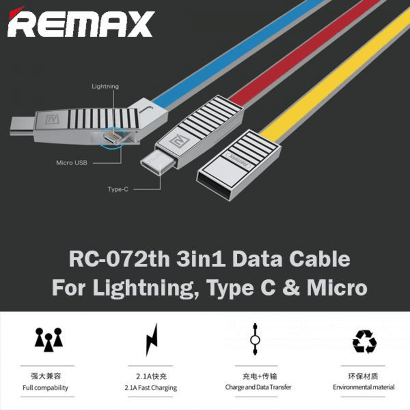 Remax 3 in 1 usb data and charger cable rc-072th