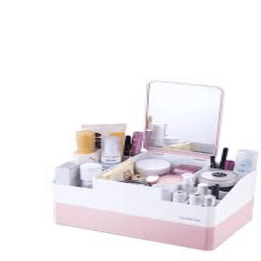 Cosmetic storage box with makeup mirror