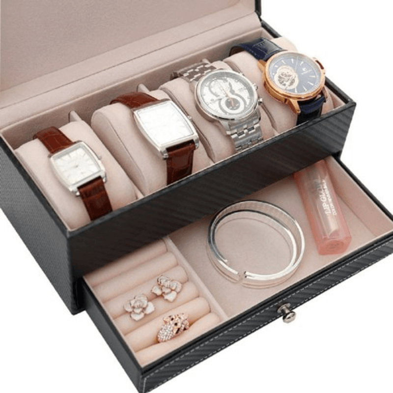 Rectangle leather watch and jewelry box with drawer