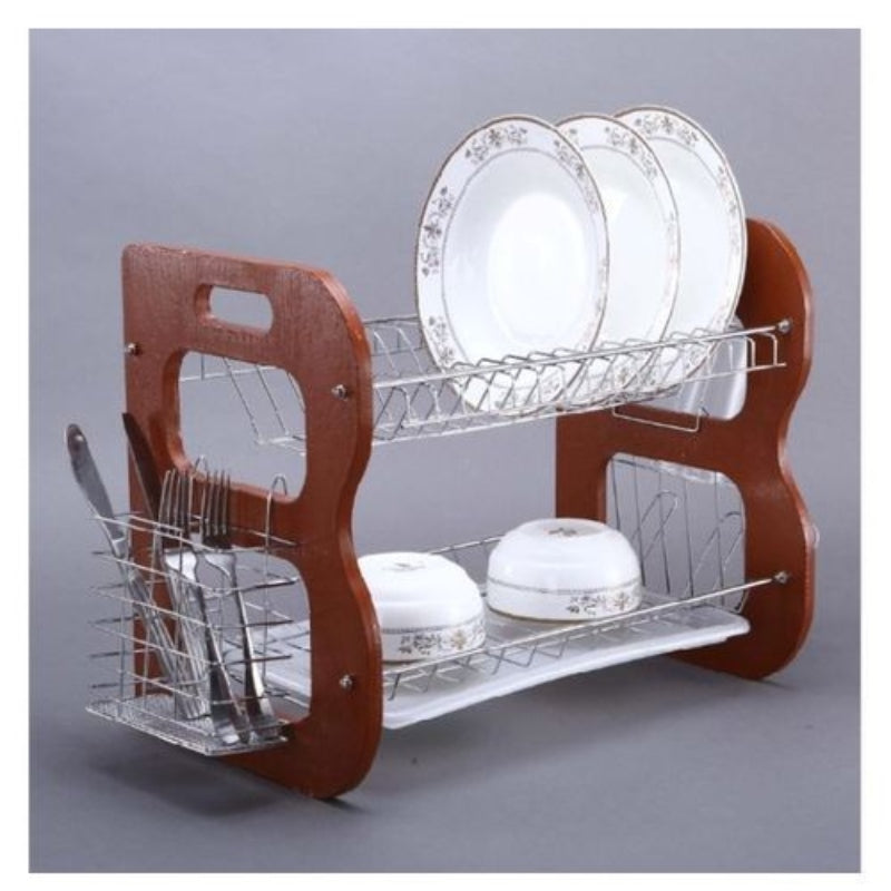 2 layer dish rack with wooden side