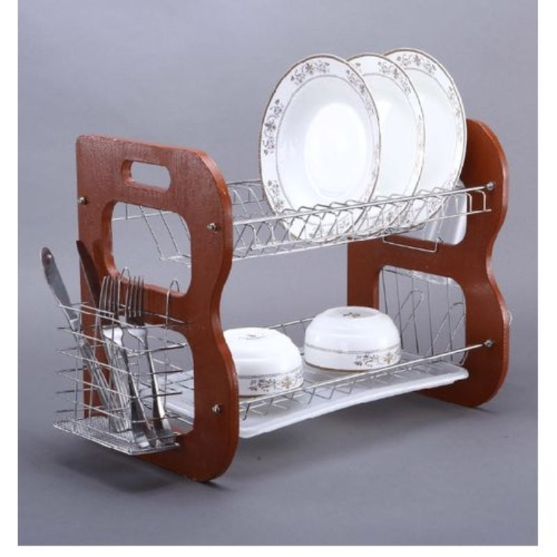 2 layer dish rack with wooden side