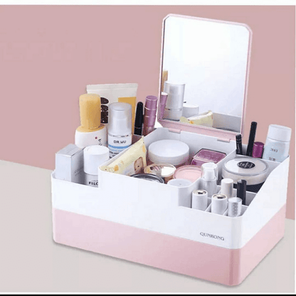 Cosmetic storage box with makeup mirror