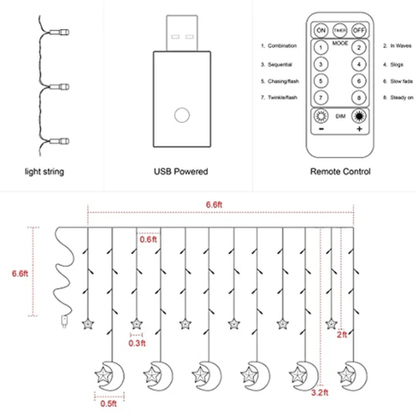 Led star moon curtain string lights