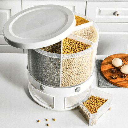 Rotation rice & grains dispenser with 6 partition grids