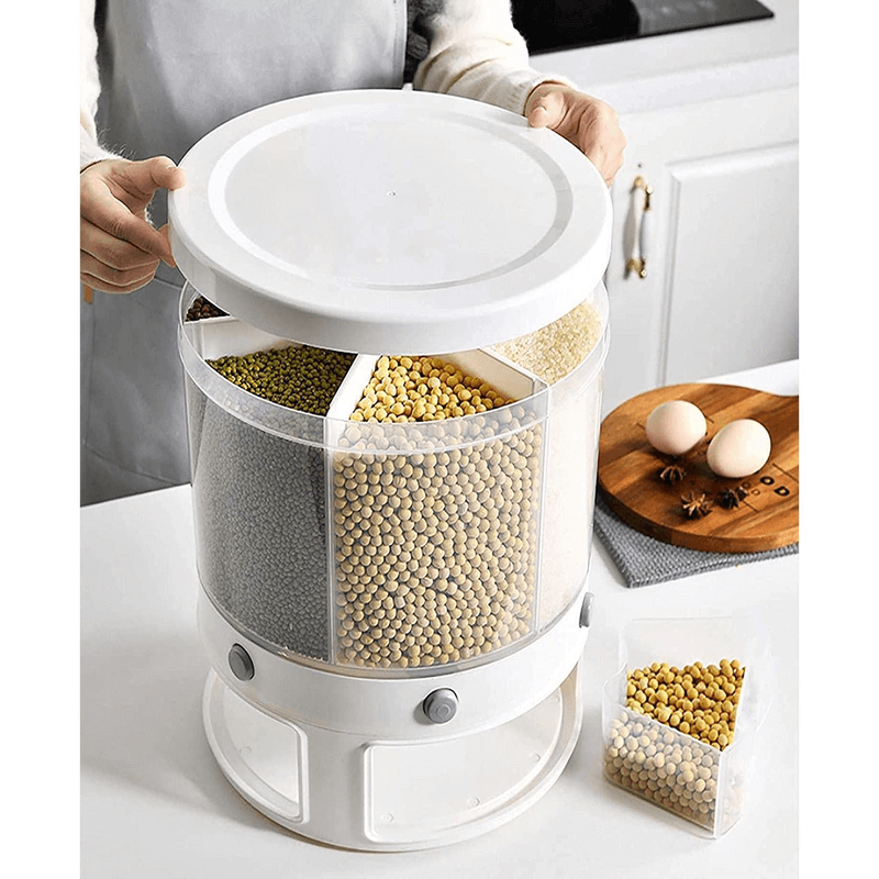 Rotation rice & grains dispenser with 6 partition grids