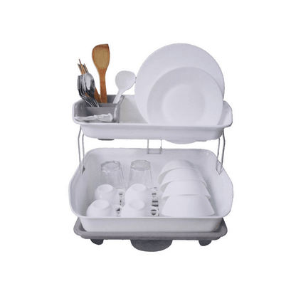 Double tier dish drying rack with rotatable drainer tray