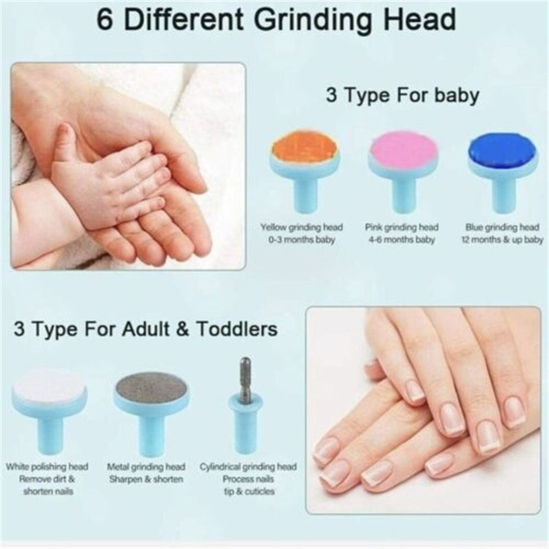 Electric baby nail trimmer with 6 grinding heads