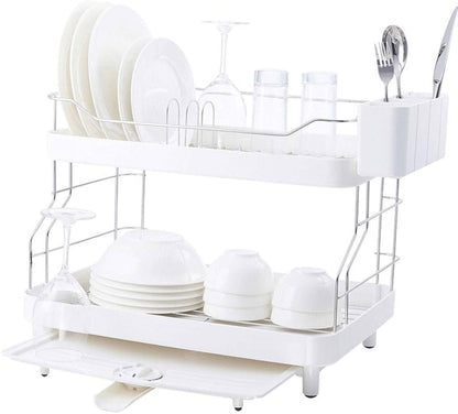 Double tier dish drying rack with rotatable drainer tray