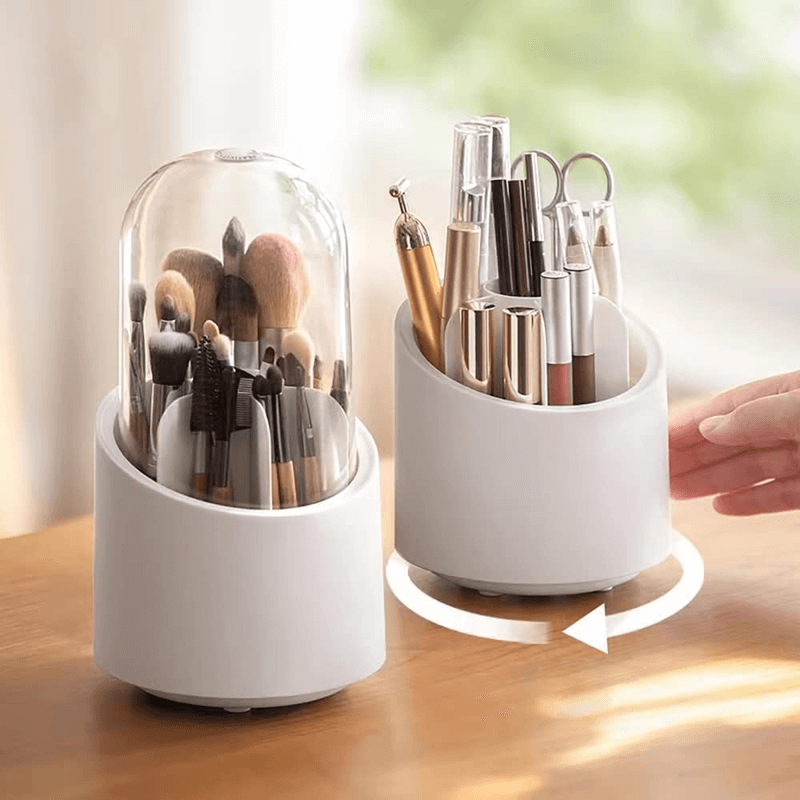 Rotating makeup brush holder with lid