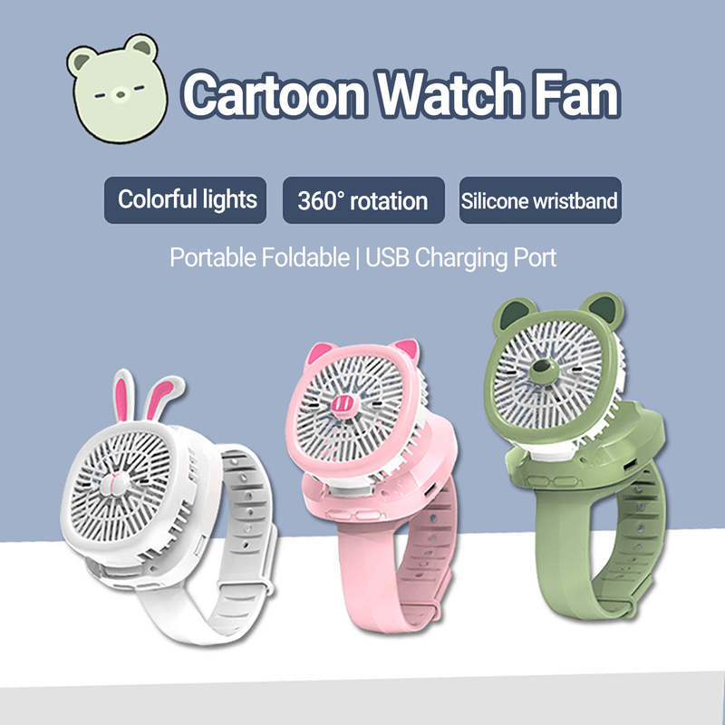 Cartoon watch portable mini fan with usb rechargeable cooling fan