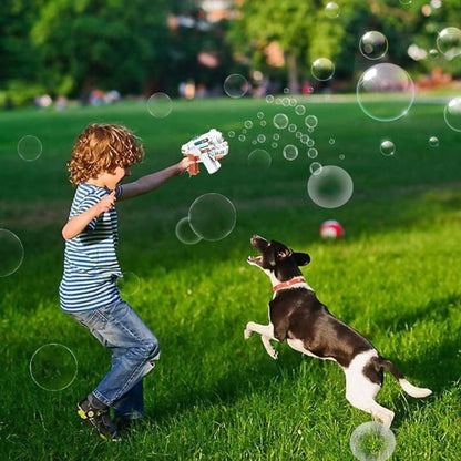 Battery operated bubble gun with light sounds.