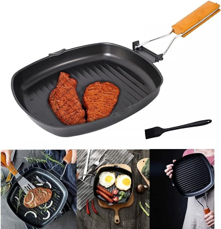 Non stick frying pan folding wooden handle