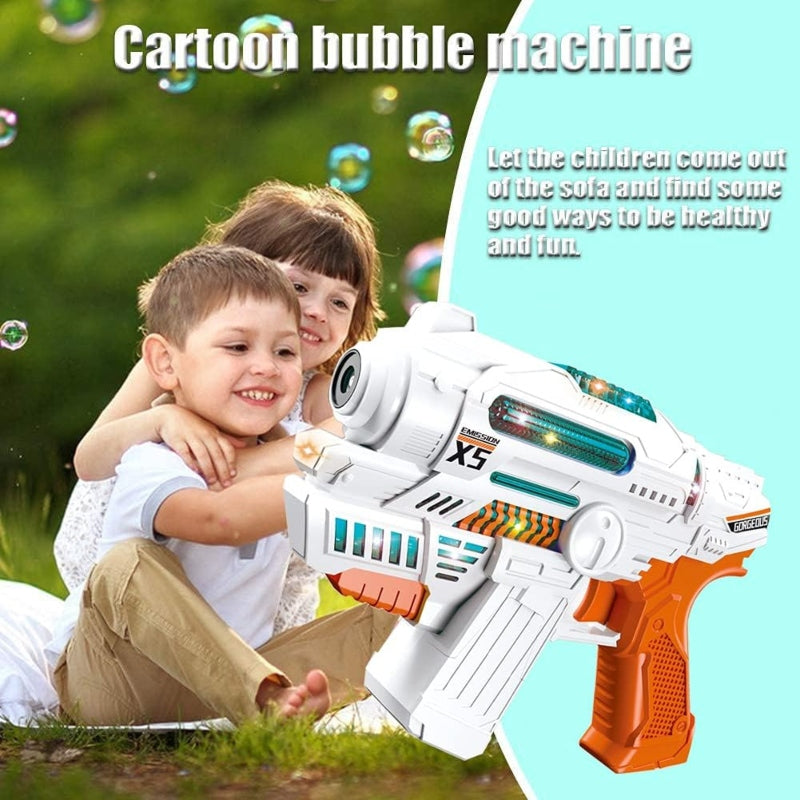 Battery operated bubble gun with light sounds.