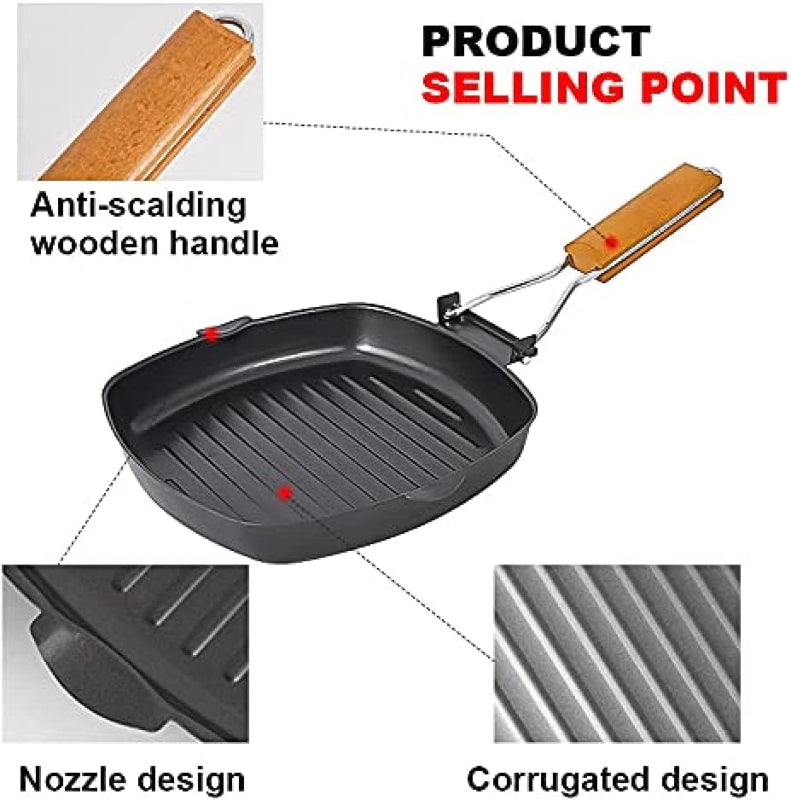 Non stick frying pan folding wooden handle