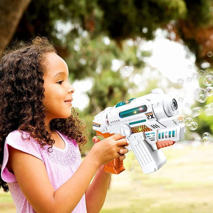 Battery operated bubble gun with light sounds.