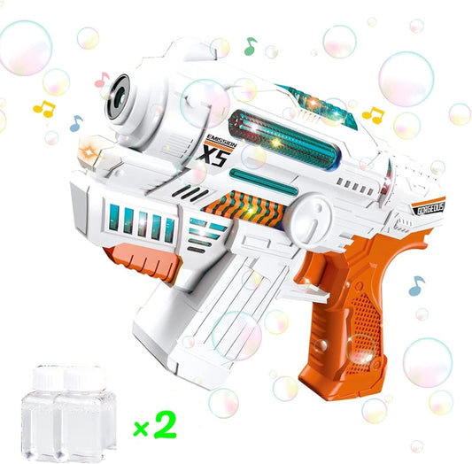 Battery operated bubble gun with light sounds.