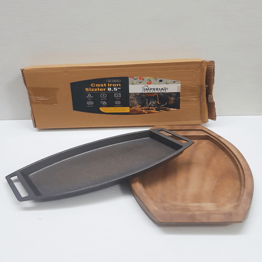 Imperial cast iron sizzler plate with thick wood base 8.5 inch