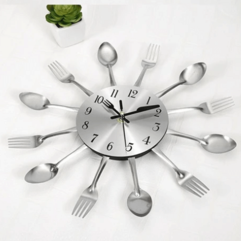 Silver fork spoon kitchen cutlery wall clock 