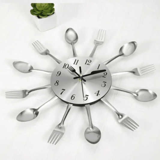 Silver fork spoon kitchen cutlery wall clock 