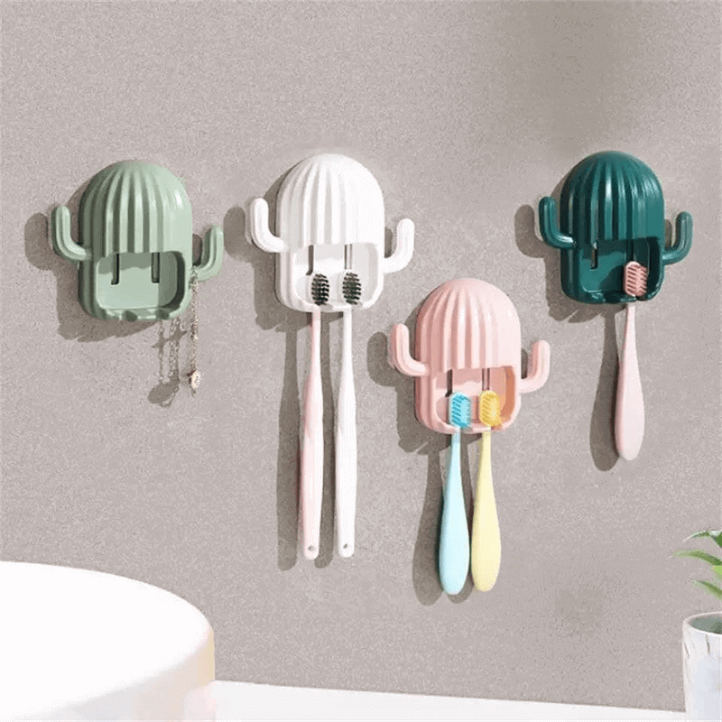 Cute cactus self adhesive toothbrush holder