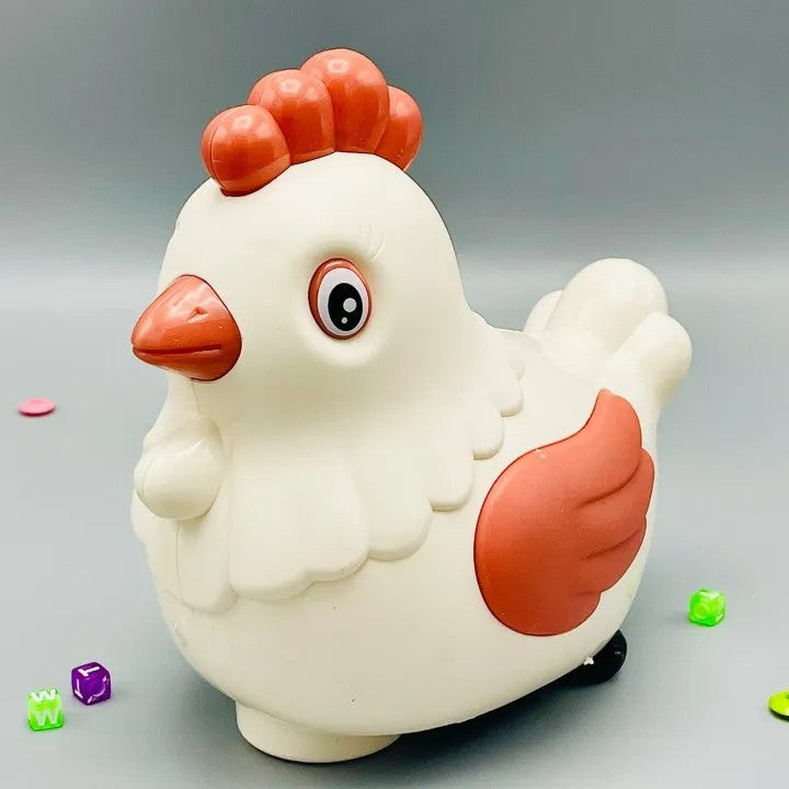 Battery operated lay egg with lights sounds.