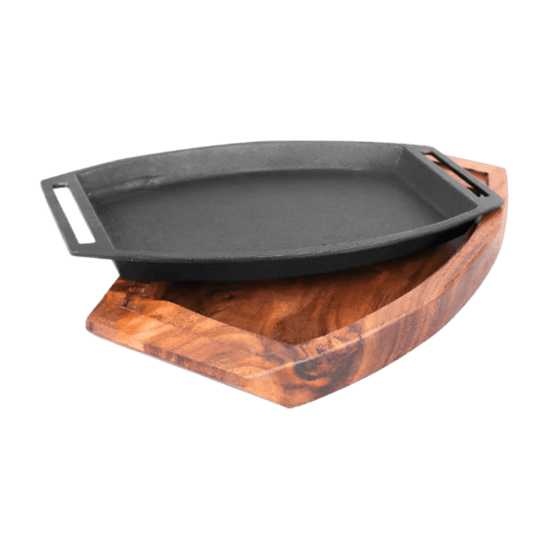 Imperial cast iron sizzler plate with thick wood base 8.5 inch