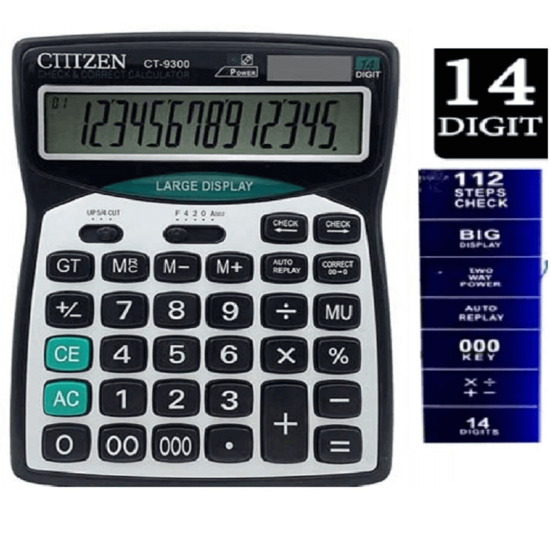 14 digit solar dual power calculator ct 9300 