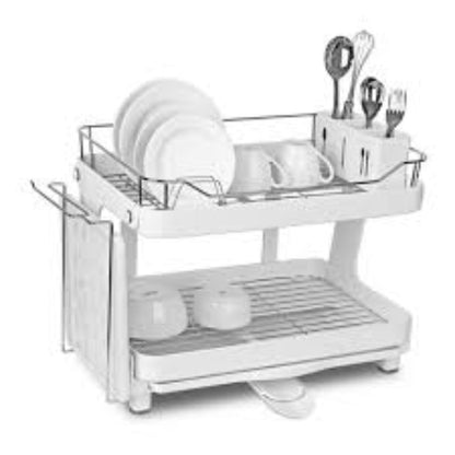 Double tier dish drying rack with rotatable drainer tray