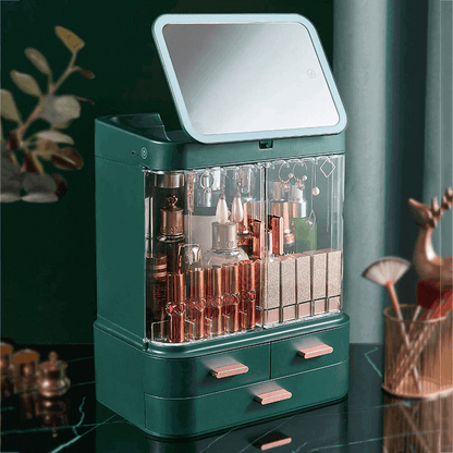 Drawer type cosmetic organizer with hd led mirror