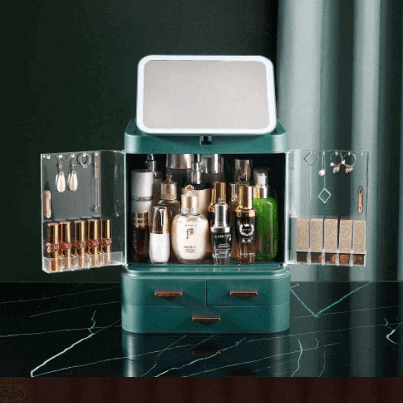 Drawer type cosmetic organizer with hd led mirror