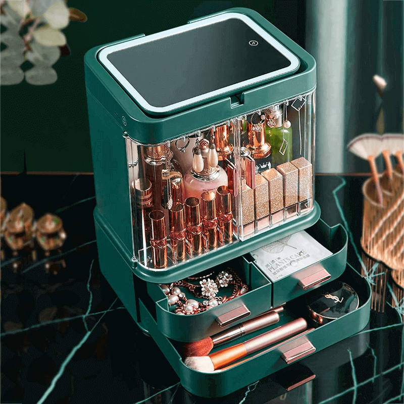 Drawer type cosmetic organizer with hd led mirror